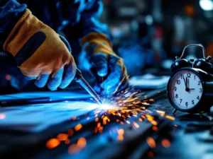 Professionele lasser met veiligheidhandschoenen bedient lastoorts met blauwe vlam en oranje vonken op donker metaal