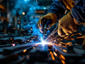 Vakkundige handen in lasbril bedienen lastoorts met blauwe vonken op donker metaal in professionele werkplaats