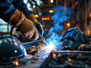 Lasser in beschermende handschoenen werkt met lastoorts op stalen balk, blauwe vonken, industriële bouwplaats