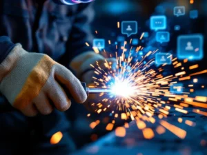 Lasser met beschermende handschoenen houdt lastoorts vast met blauwe vonken, communicatie-iconen op achtergrond