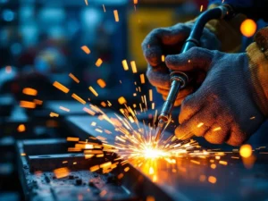 Vakkundige handen met lasbril bedienen professionele lastoorts met oranje vonken in industriële werkplaats