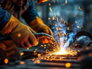 Lasser met beschermende handschoenen bedient lastoorts met oranje en blauwe vonken in industriële werkplaats