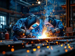 Professionele lasworkplaats met TIG, MIG en booglassen in actie, vonken en vlammen op staalwerk met industriële apparatuur