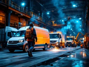 Professionele lasser in beschermende uitrusting loopt naar witte bedrijfswagen op industriële bouwplaats met vonken