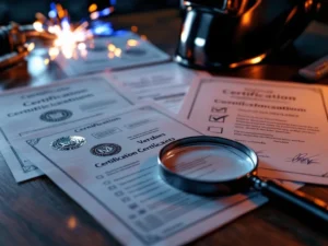 Professionele lascertificaten op houten bureau met vergrootglas, checklist en lasapparatuur op achtergrond