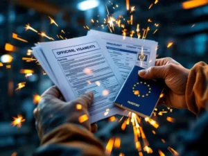Lasser houdt EU-paspoort en visumdocumenten vast terwijl lasvonken de papieren verlichten in industriële werkplaats