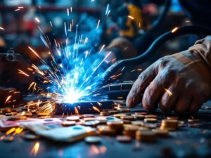 Professionele lasser werkt met lastoorts, vonken en euro bankbiljetten symboliseren uurloon in industriële werkplaats