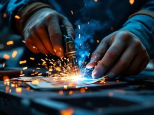 Professionele lasser aan het werk met vonken en eurobiljetten die salaris symboliseren in industriële omgeving