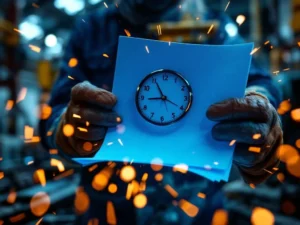 Lassershanden houden visadocumenten en paspoort vast tegen achtergrond van vonken en industriële lasapparatuur