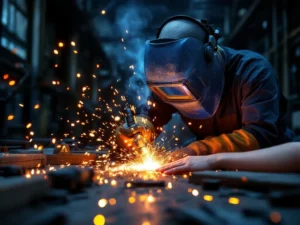 Lasser met beschermingsmasker en vonkende lastoorts in industriële werkplaats, onbeschermde arm zichtbaar bij oranje vonken