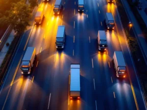 Bovenaanzicht van moderne logistieke hub met vrachtwagens in rijen, lichtsporen en digitale timer voor snelle levering