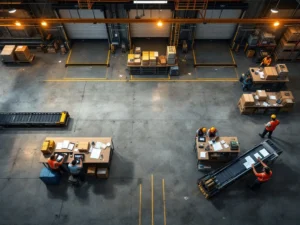 Lege logistiek magazijnvloer met vacante werkstations en "Nu Aan Het Werven" documenten, toont personeelstekort