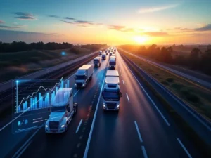 Moderne snelweg met vrachtwagens en digitaal dashboard met stijgende grafieken voor logistieke recruitment trends