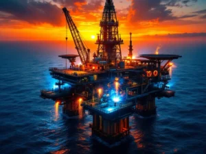 Offshore boorplatform bij zonsondergang met laswerkzaamheden en vonkenregen boven diepe oceaan