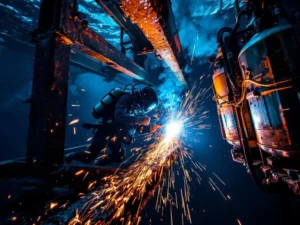 Professionele duiker voert onderwater lassen uit op metalen constructie met vonken en industriële duikuitrusting