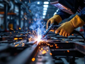 Professionele lasser met beschermende handschoenen bedient lastoorts met blauw-witte vonken in industriële werkplaats