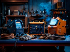 Professionele lasapparatuur op industriële werkbank met helmen, handschoenen en kabels in moderne werkplaats