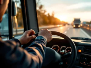 Professionele chauffeur achter het stuur van moderne vrachtwagen met digitaal dashboard op Europese snelweg