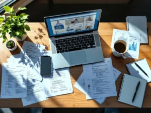 Moderne bureautafel met laptop met vacaturesites, cv's, smartphone met recruitment-app en koffiekop in natuurlijk licht