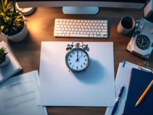 Stopwatch op modern bureau omringd door wervingsdocumenten, toetsenbord en speelgoedvrachtwagen in professionele werkruimte