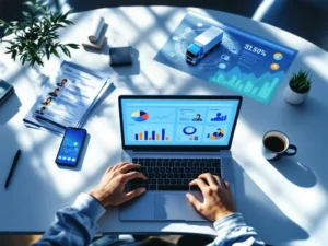 Moderne kantoorbureau met laptop met recruitment analytics, smartphone, cv's en koffiekop, bovenaanzicht