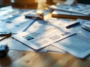 Verschillende rijbewijzen en transportdocumenten gerangschikt op houten bureau met vrachtwagenschleutel en modelvoertuig