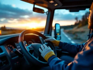 Moderne Europese vrachtwagencabine met Roemeense vlag op dashboard, stuurwiel en GPS-navigatie in warm goudkleurig licht