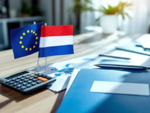 Professioneel bureau met Europese en Nederlandse vlaggen, officiële documenten, rekenmachine en sociale zekerheid mappen