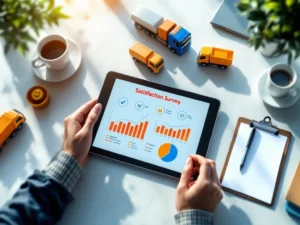 Digitale tablet toont kleurrijke tevredenheidsenquête met grafieken op modern bureau met speelgoedvrachtwagens en koffiekop