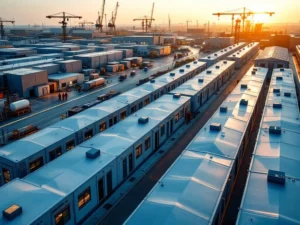 Luchtfoto van moderne modulaire woningcomplex met industriële werkplaatsen en bouwkranen bij gouden uur