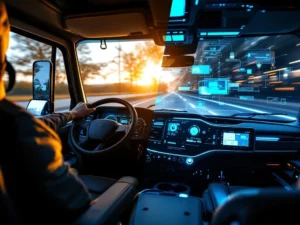 Gesplitst beeld van traditionele vrachtwagencabine met leren stuur versus autonome auto met digitale displays