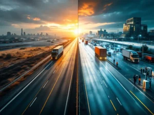 Gesplitst beeld toont evolutie transport: verlaten snelweg links, moderne autonome voertuigen en laadstations rechts in 2026