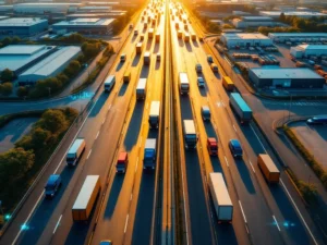 Luchtfoto van moderne snelwegkruising met vrachtwagens en bestelwagens tijdens gouden uur met distributiecentra op achtergrond