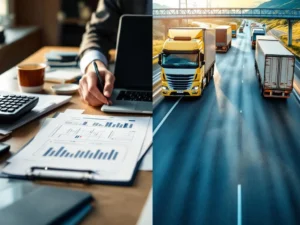 Professioneel kantoorbureau met documenten en laptop verbonden met snelweg vol vrachtwagens via symbolische brug