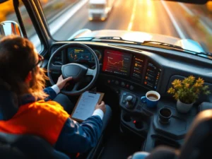 Moderne vrachtwagencabine van bovenaf met digitaal dashboard, retentielijst op klembord en warme sfeerverlichting