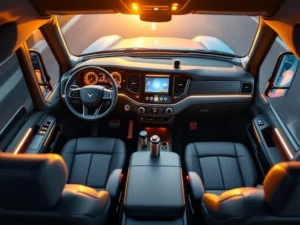 Moderne vrachtwagencabine met ergonomische leren stoelen, geavanceerd dashboard en LED-verlichting tijdens gouden uur