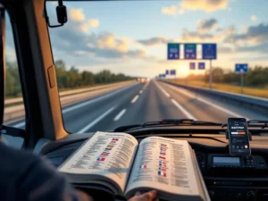 Moderne vrachtwagencabine met meertalig leerboek en taal-app op dashboard, snelweg met internationale borden zichtbaar