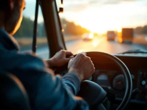 Ervaren vrachtwagenchauffeur houdt stuurwiel vast tijdens gouden uur, snelweg zichtbaar door voorruit