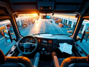 Lege vrachtwagencabine met stuur en dashboard, waarschuwingslampjes aan, logistiek magazijn met laadperrons op achtergrond