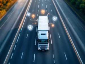 Vrachtwagen bij internationale grensovergang met verzekeringsdocumenten en beschermingssymbolen voor transportverzekering