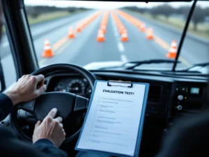 Vrachtwagenchauffeur tijdens rijexamen met handen aan stuur, verkeerskegels op parcours en evaluatieformulier zichtbaar