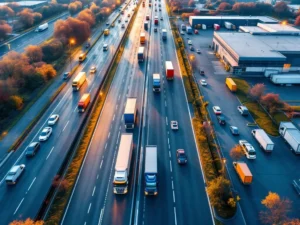Luchtfoto van Nederlandse snelweg met lege vrachtwagenbanen naast drukke autoverkeer, toont transportcapaciteit tekort
