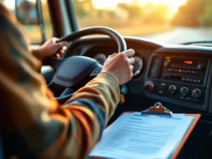 Vrachtwagenchauffeur achter het stuur tijdens professionele rijtraining met trainingsmateriaal op passagiersstoel