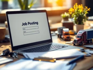 Laptop met vacatureformulier op bureau omringd door speelgoedvrachtwagens, klembord en sleutels in professionele werkruimte