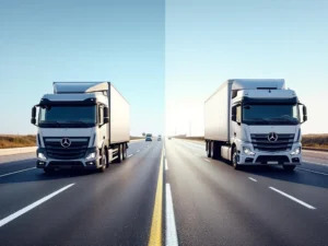 Vergelijking van middelzware vrachtwagen (C-rijbewijs) en grote truck met oplegger (CE-rijbewijs) op asfaltweg