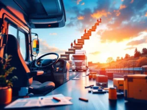 Professionele vrachtwagenchauffeur carrièrepad met moderne cabine, certificaten en opleidingsmaterialen in corporate kleuren