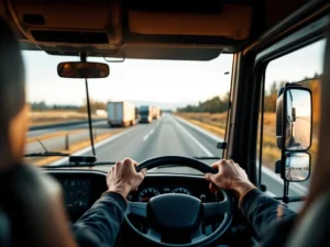 Vrachtwagenchauffeur houdt stuur vast met snelweg op achtergrond, dashboard toont Europese routemarkering
