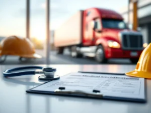 Stethoscoop en medische documenten voor vrachtwagenchauffeur op bureau met rode vrachtwagen op achtergrond