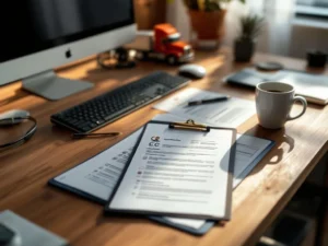 Bovenaanzicht wervingsbureau met vrachtwagenchauffeur cv's, klembord, toetsenbord en koffiekop op houten bureau