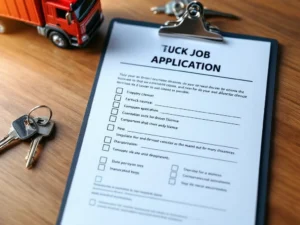 Sollicitatieformulier voor vrachtwagenchauffeur met rijbewijs en transportdocumenten op houten bureau met rode vrachtwagen